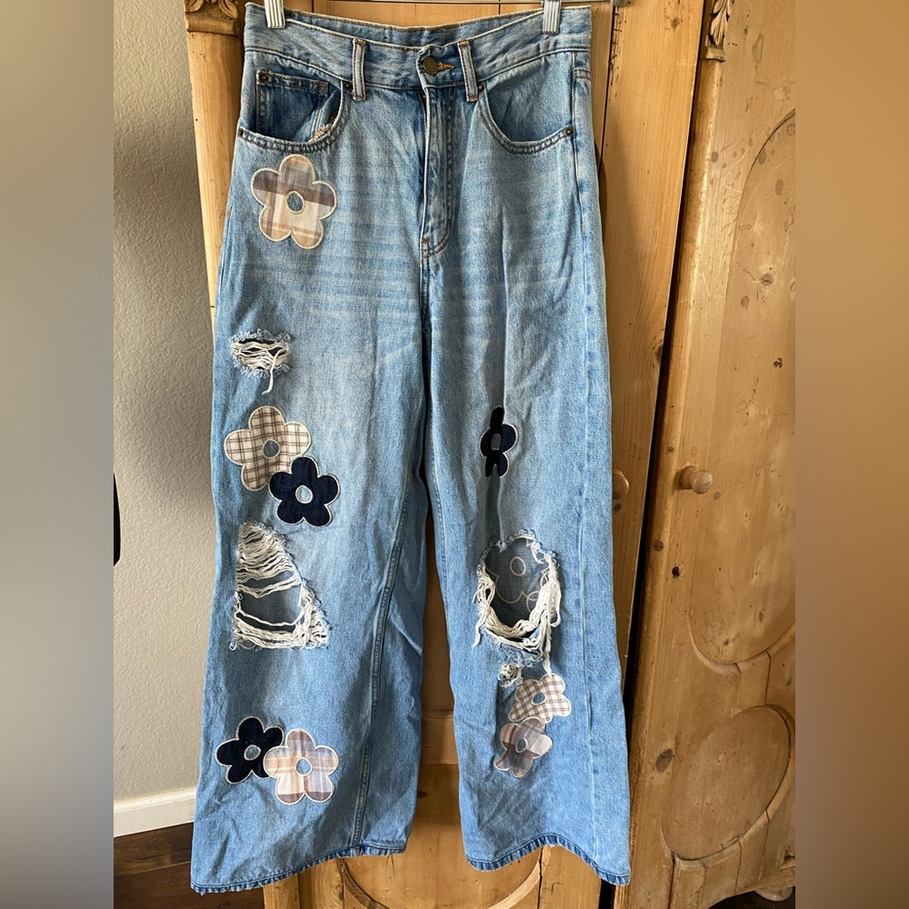 BDG Blue Floral Patch Wide Leg Jeans